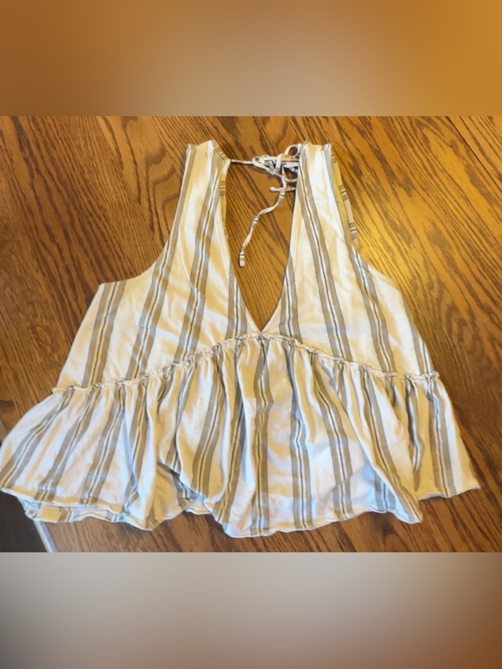 American Eagle cream and light brown Striped V-Neck Tie-Back babydoll tank